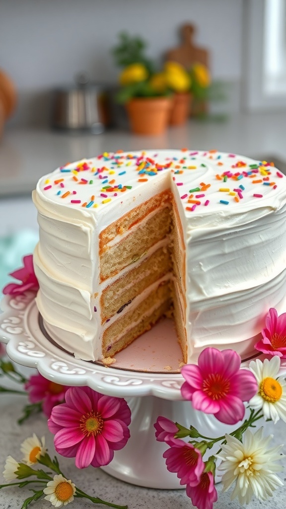 Classic Vanilla Cake Recipe A classic vanilla cake with white frosting and colorful sprinkles on a cake stand.